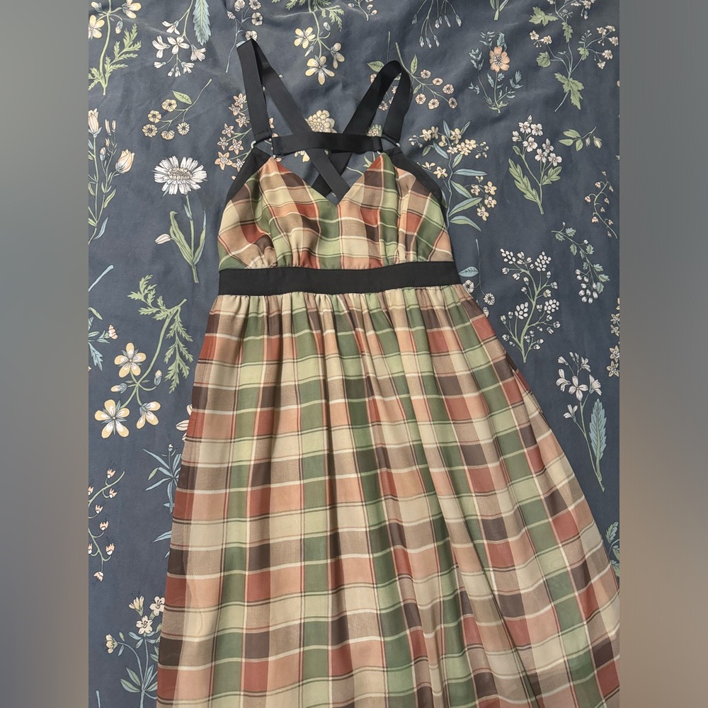 Long Plaid Dress with Slit and Black Strap Detail - Size 2
